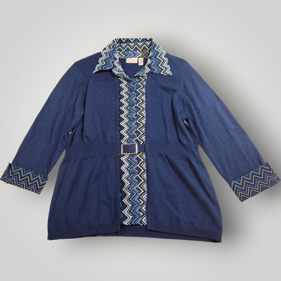 Kim Rogers Women's M Blue 3/4 Sleeve Belted Cardigan Sweater 2-fer Look RETRO - Picture 1 of 11